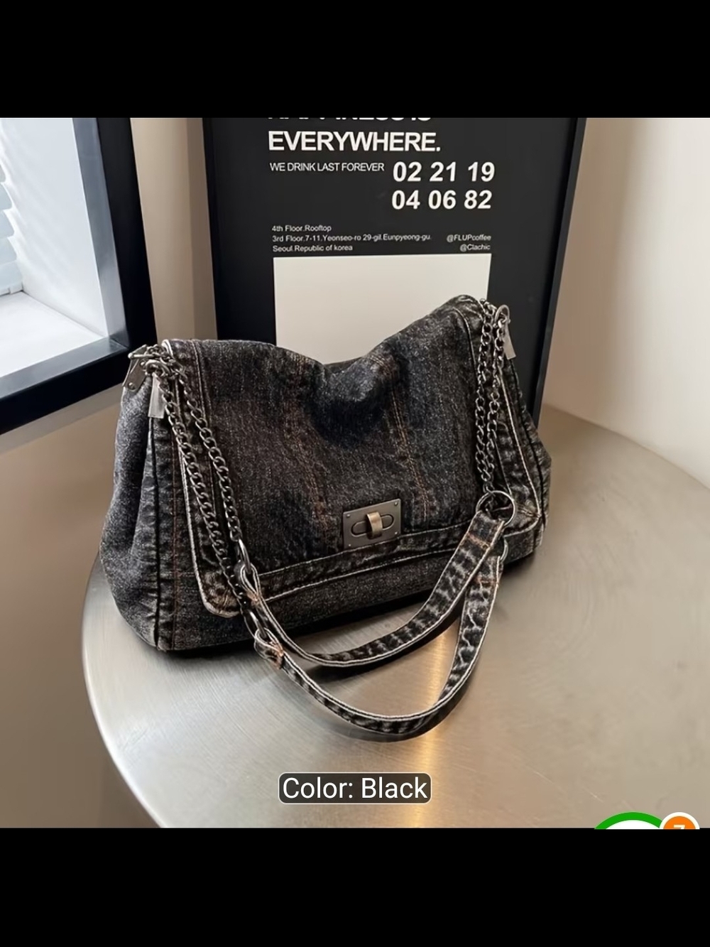 Black Denim Shoulder Bag with Chain Straps